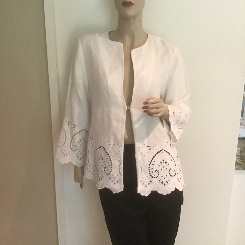 NEW Chicos Eyelet Hem Linen Jacket White Alabaster Embroidered Size 0 US 4/6